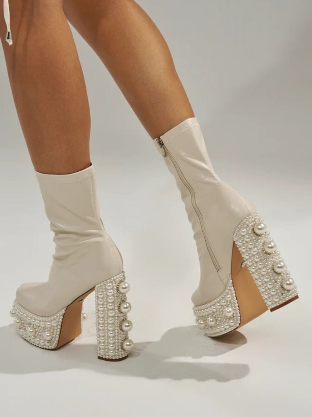 Azalea Wang Women's 7 Beige Antaris Pearl Detail Platform Bootie NIB 60% off